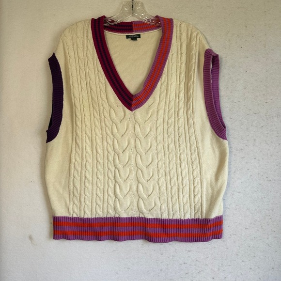 wild fable Sweaters - Wild Fable Cream Cable Knit Sweater Vest Colorblock Striped Trim V-Neck Large